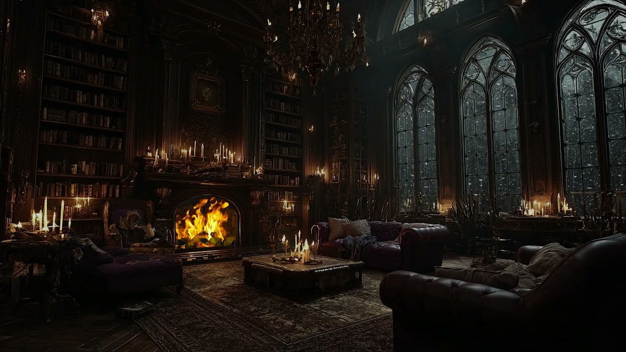 Rain Falling Outside the Gothic Windows & Crackling Fireplace 🔥 Dark Victorian Library Ambience