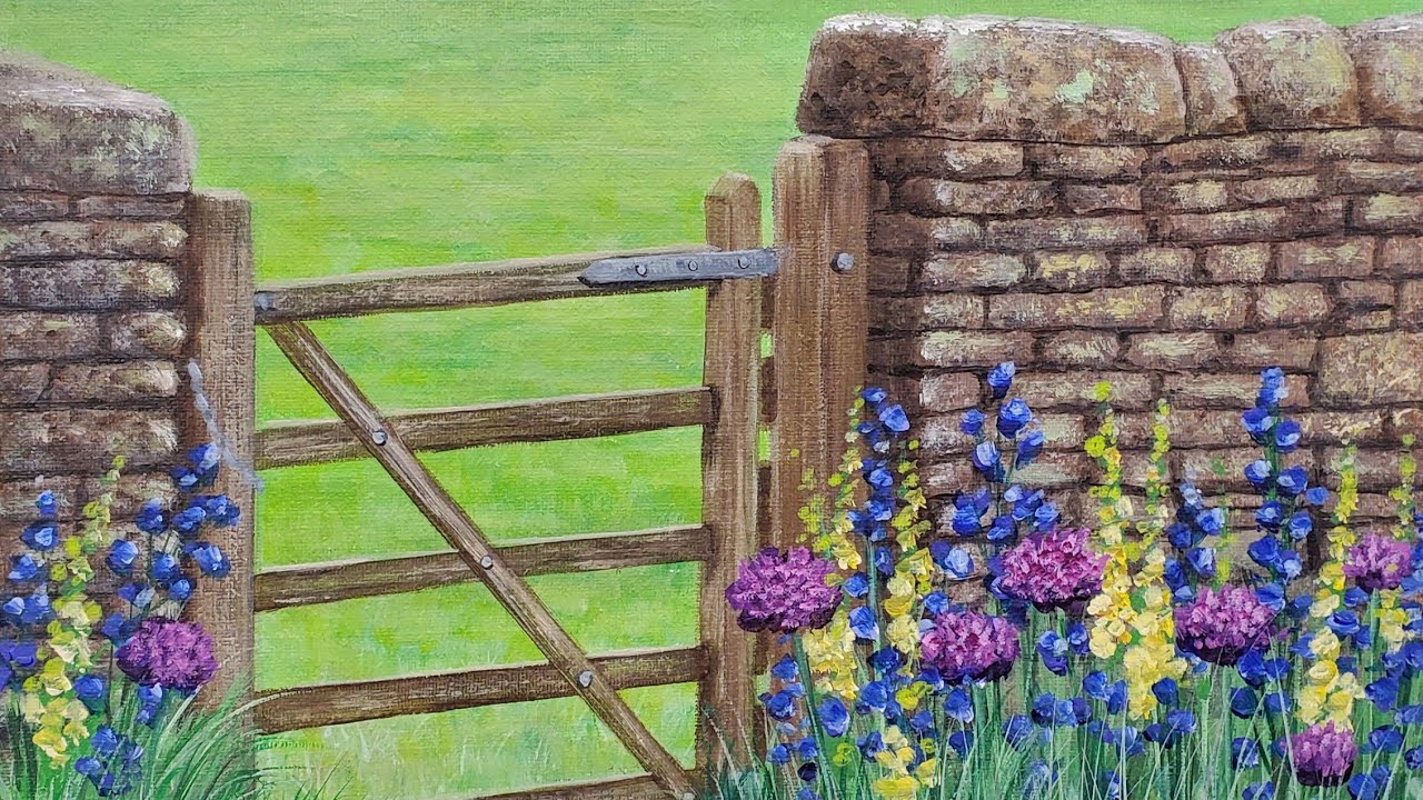 Stone Wall with Gate & Wildflowers Acrylic Painting LIVE Tutorial