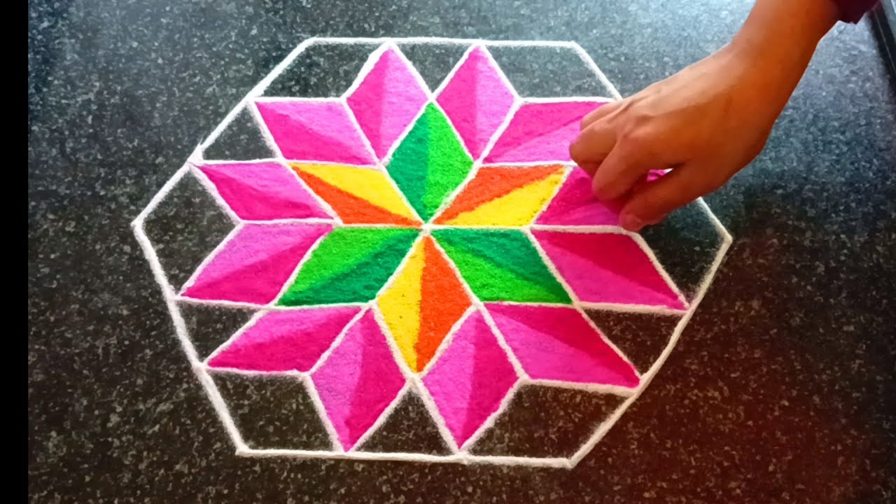 Attractive 3D rangoli design //7&times;4 dot rangoli // colour rangoli design