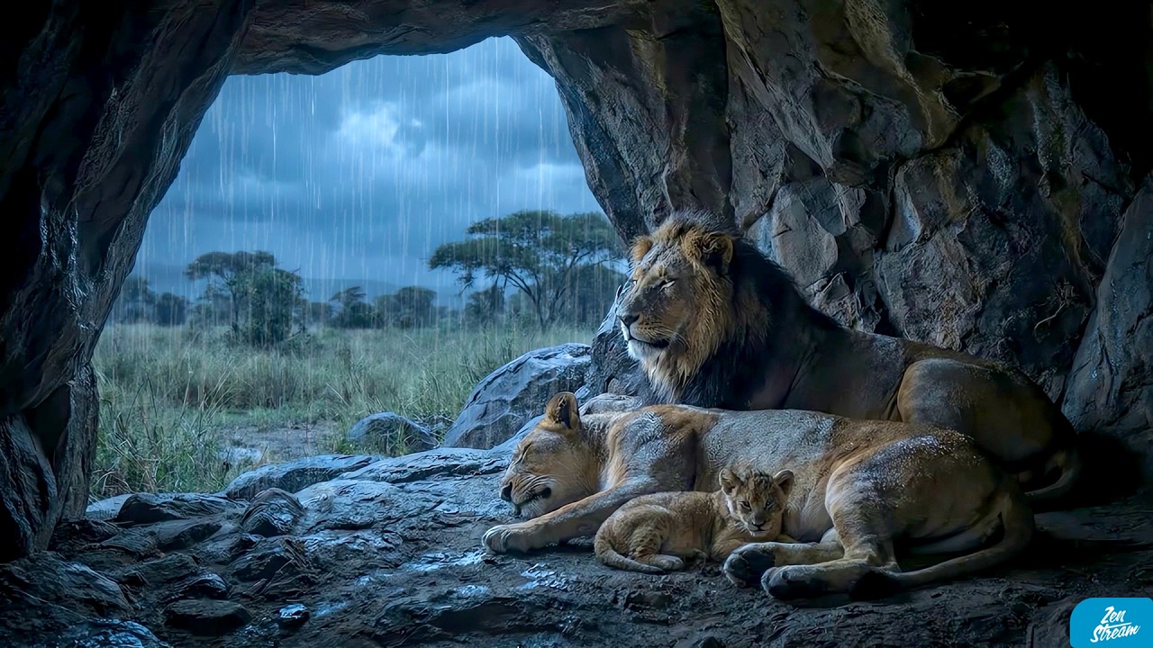 2 Hours Lion Cave Rain Ambience | Savanna Storm Shelter | Sleep & Relaxation