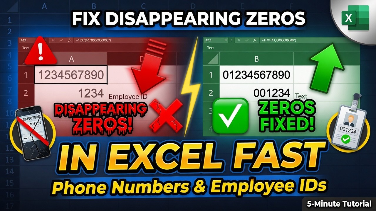 How to Fix Disappearing Leading Zeros in Excel | Keep Zeros in Phone Numbers & Employee IDs Fast