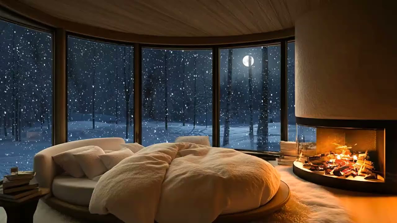 Warm Cozy Cabin in Winter with Wind and Fireplace Sounds for Deep Relaxation