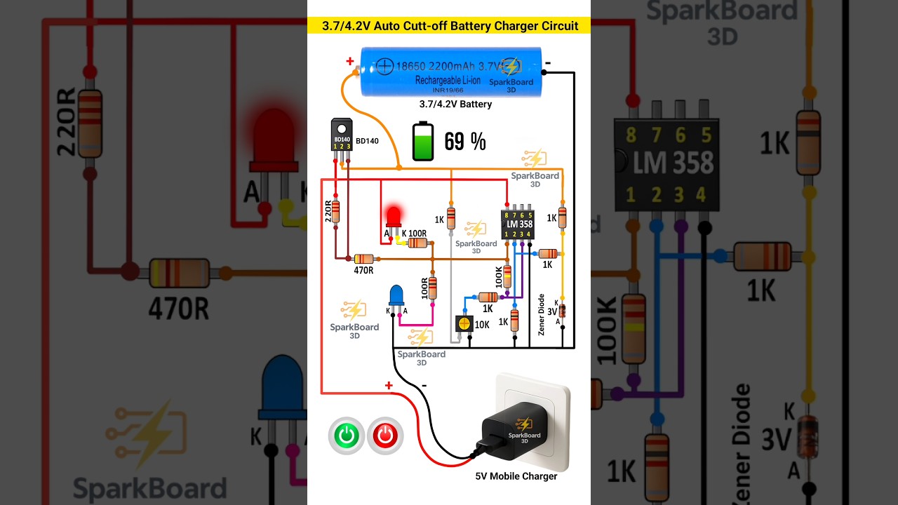 3.7/4.2V auto cutt-off battery charger circuit | Lithium ion Battery charger | 18650 battery
