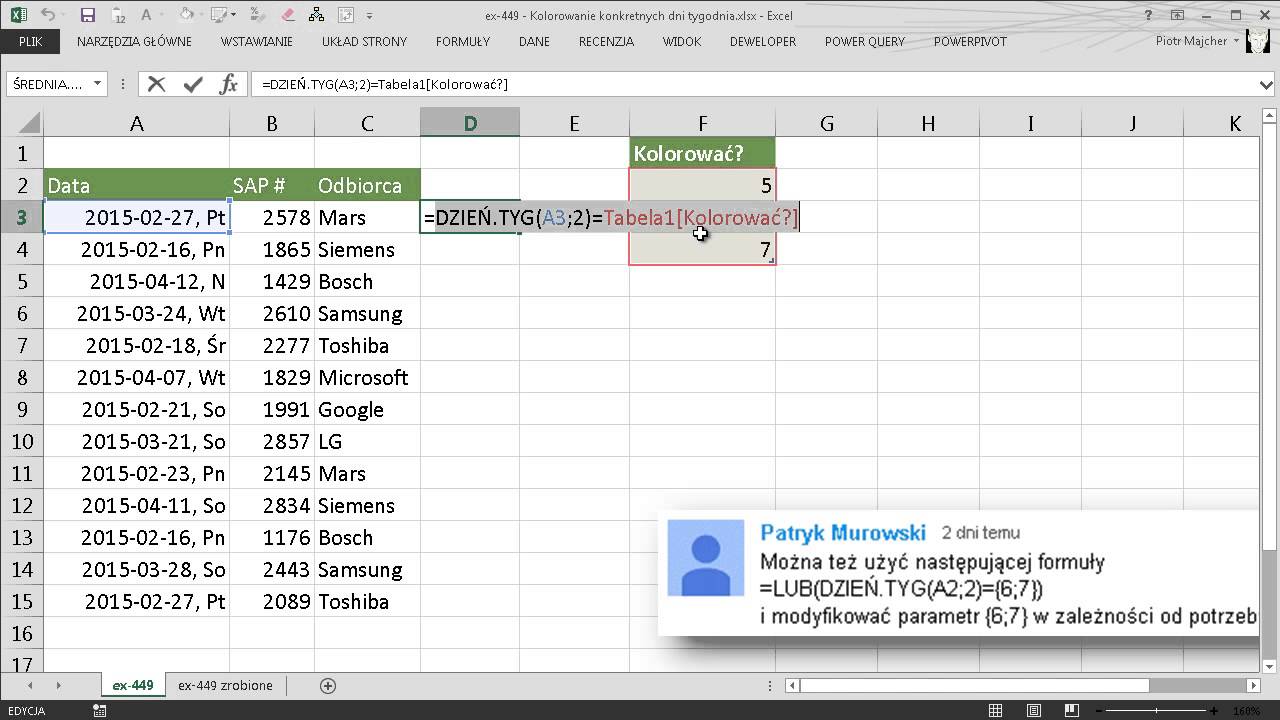 excel-449 - Kolorowanie konkretnych dni tygodnia