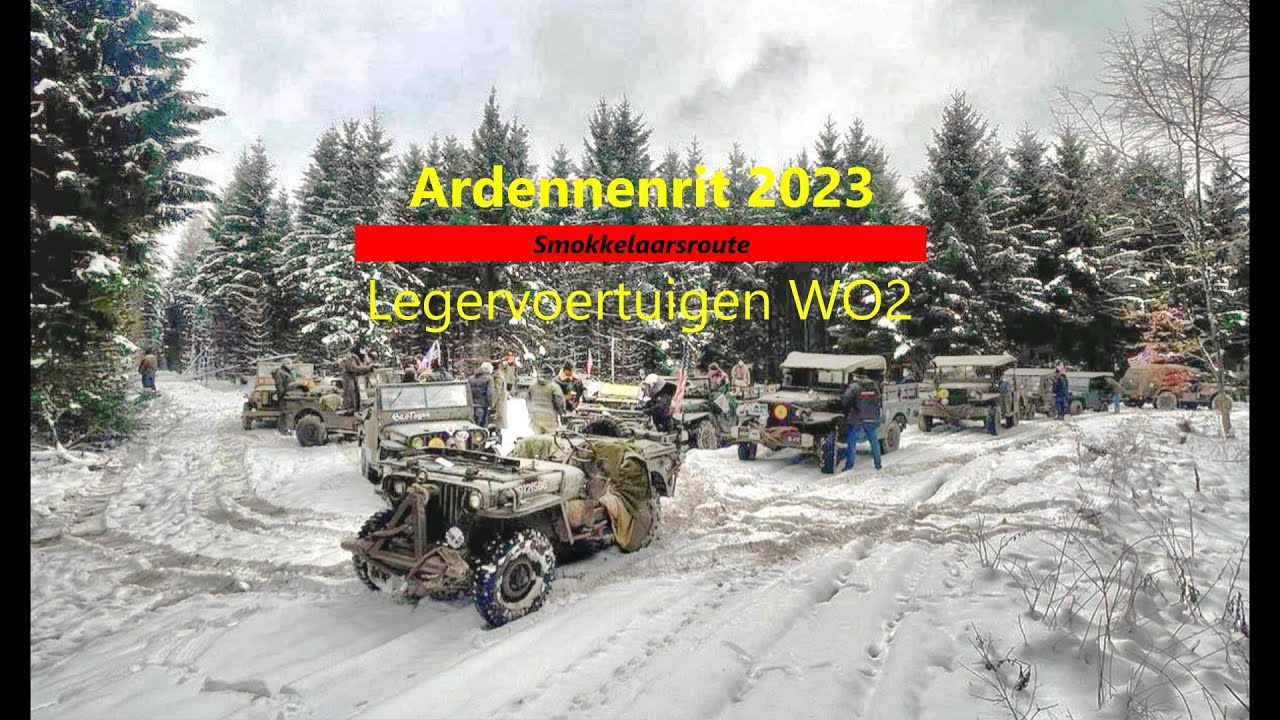 Met 2e wereldoorlog  voertuigen in winter 2023 door de Ardennen