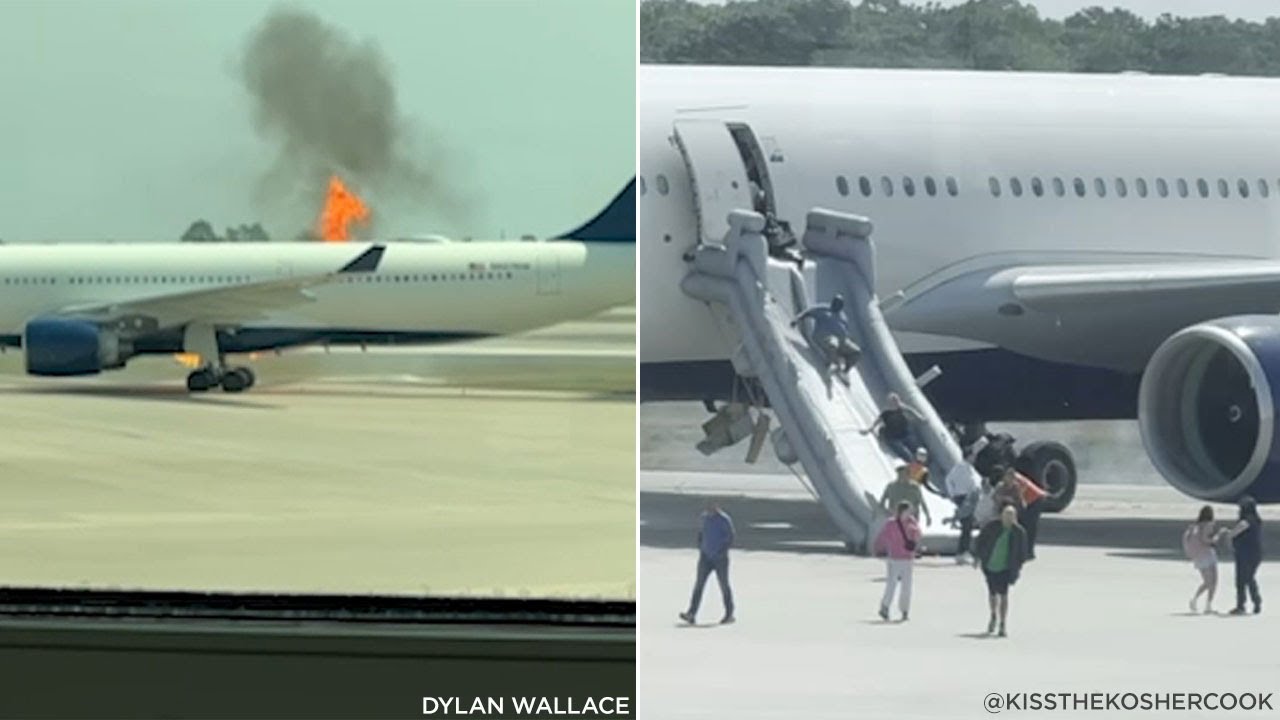 Passengers evacuate plane after engine catches fire at airport