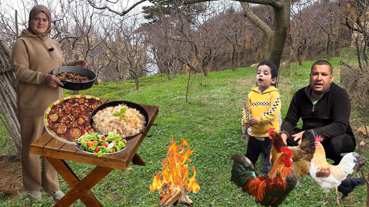 بداية الربيع 🌺تسميد أشجار المشمش مع أطيب مسقعة الباذنجان على نار الحطب 🔥