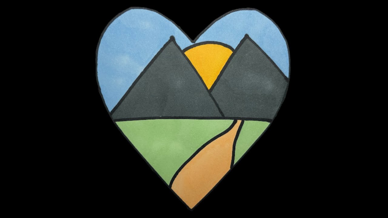 How To Draw Mountain Scenery in Heart Shape | Drawing Mountain Landscape For Beginners Very Easy