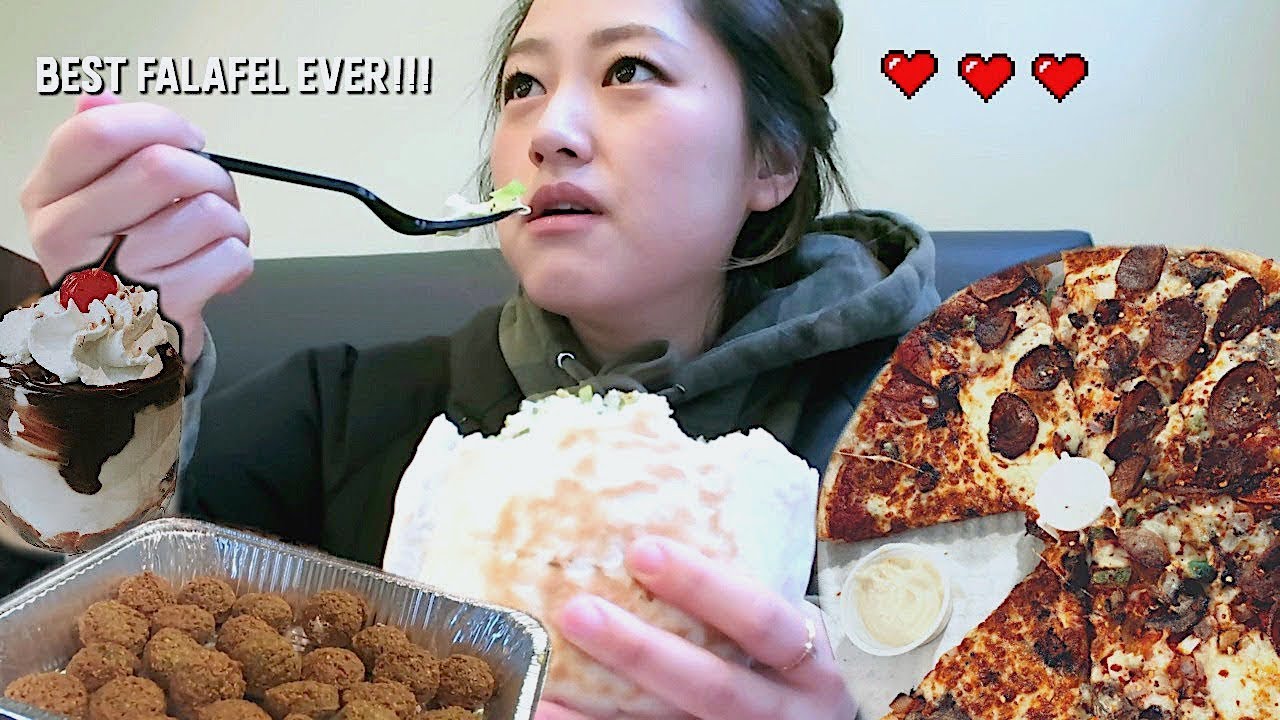 (mukbangvlog) BEST FALAFEL + Nuclear Fire NOodles w.Pizza + Hot fudge Sundae vlog!!!!!!!!!