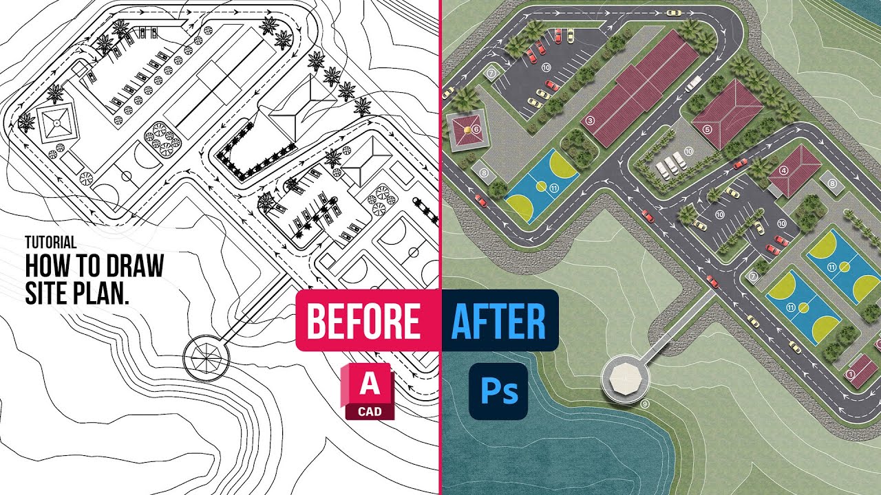 How to draw site plan in autocad and photoshop | cara membuat gambar site plan