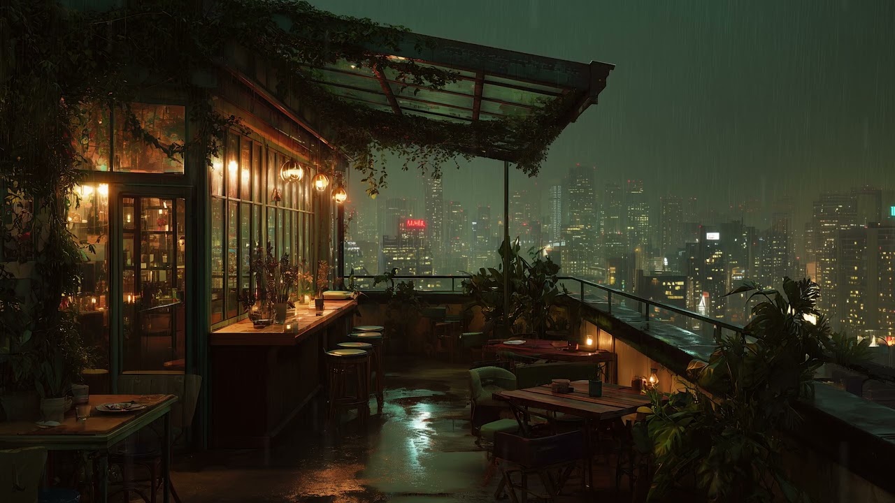 Lofi Atmos &ndash; Rainy Rooftop Cafe at Night | City Rain Ambience for Deep Focus