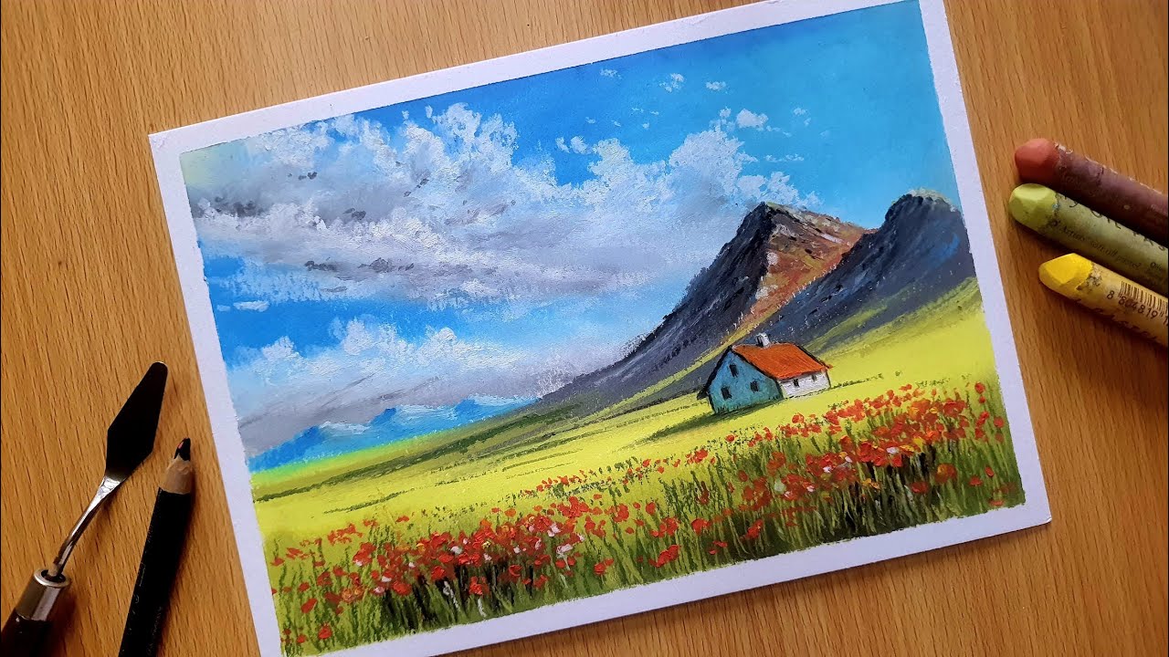 Oil Pastel Easy Drawing for Beginners / SPRING VALLEY / Oil Pastel Nature Scenery Drawing