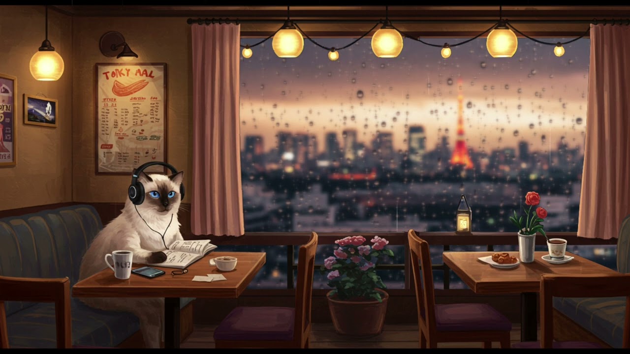 lofi tokyo night cafe cat