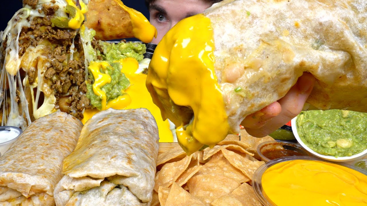 ASMR MUKBANG GIANT BURRITOS EXTRA CHEESE CARNE ASADA FRIES CRUNCHY TACOS CHIPS | WITH CHEESE