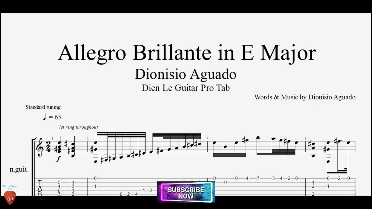 Allegro Brillante in E Major by Dionisio Aguado with Guitar Tutorial FREE TABs