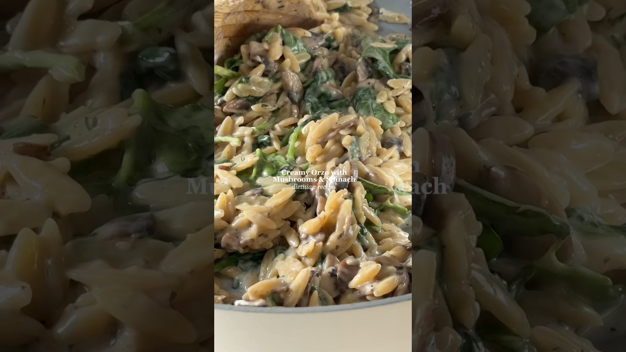 Creamy Mushroom Orzo w Spinach & Parmesan, easy lazy dinner, one pot 🤎 Recipe below! #healthypasta