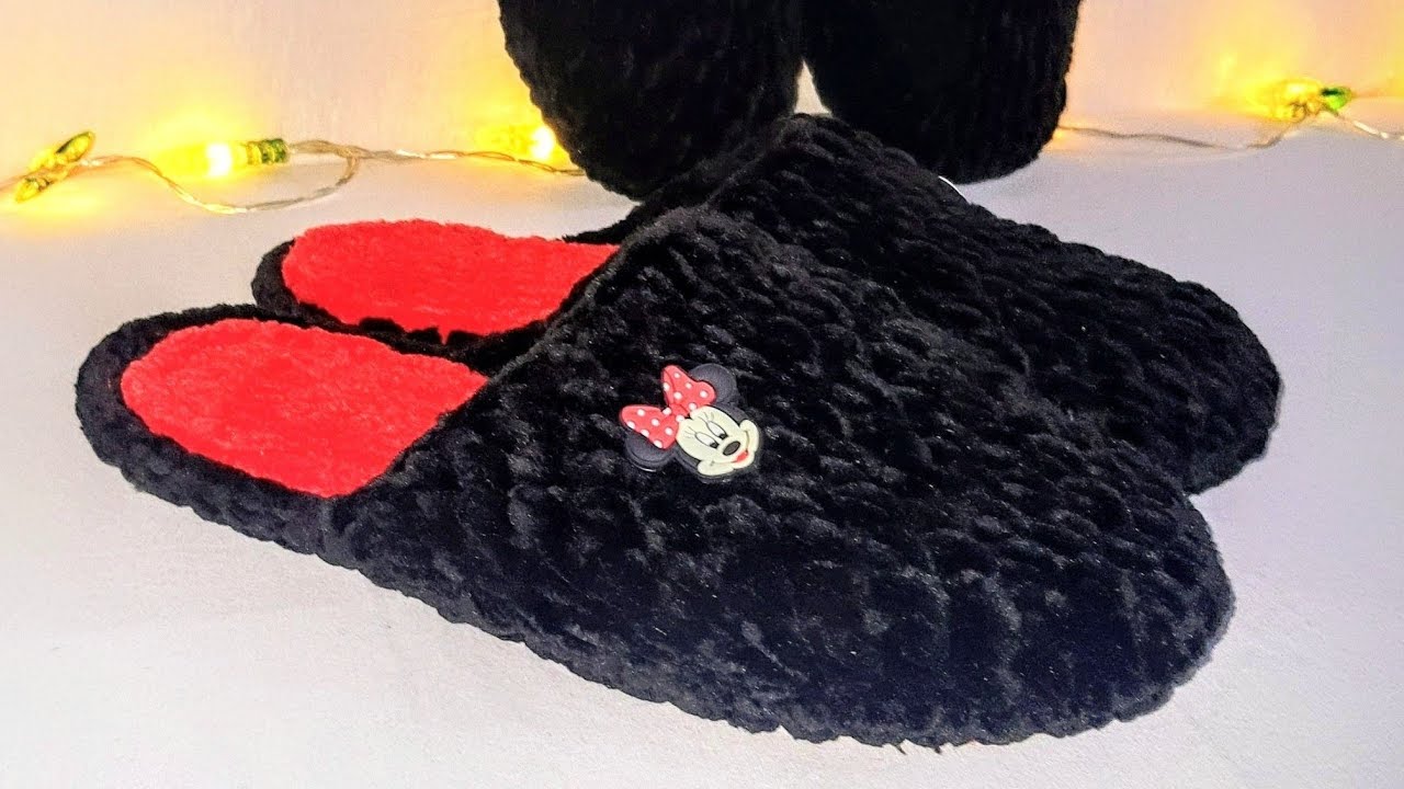 Kadife İp ile Mickey Mause pofuduk ev terliği yapımı 37-38 Easy Crochet Slippers Toturial