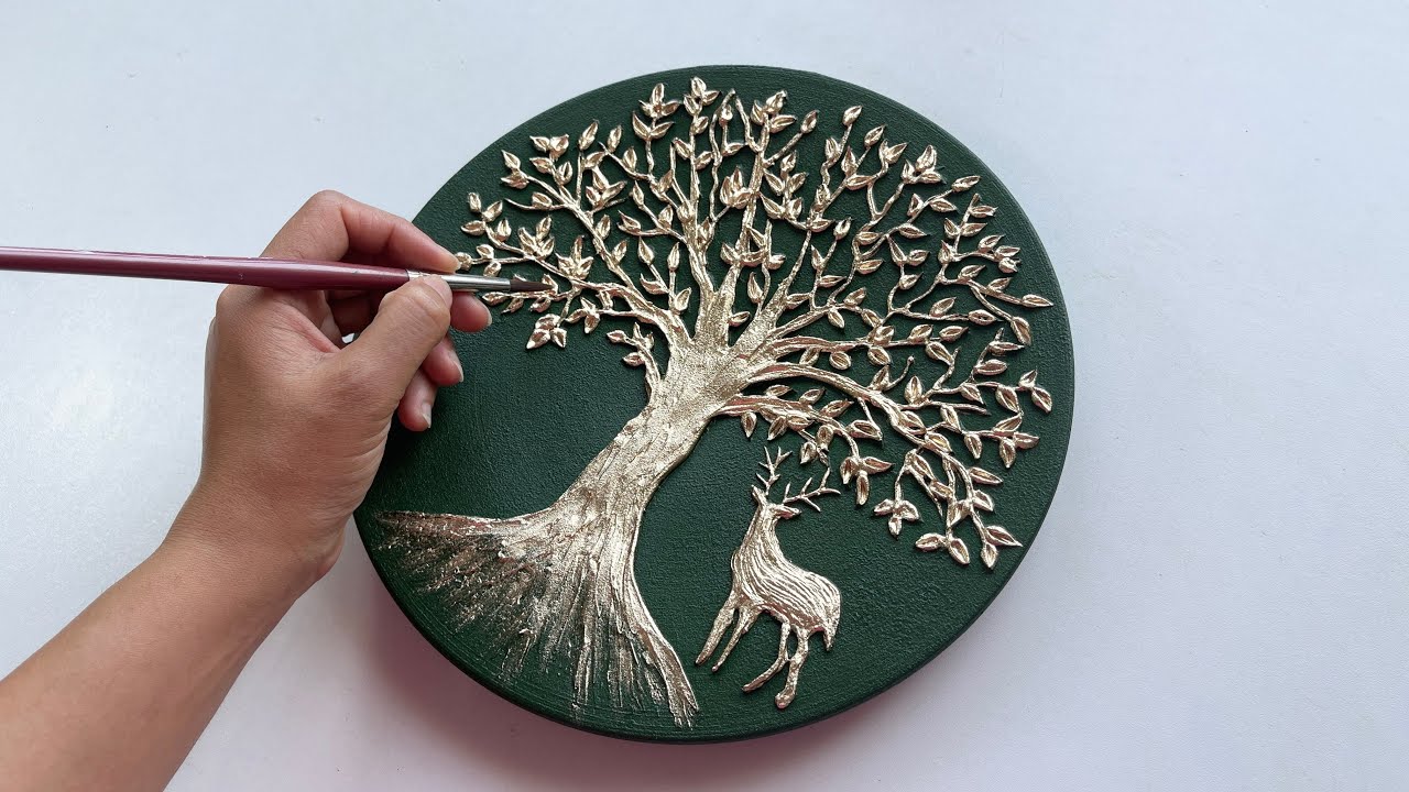 Tree Of Life | Tree and deer Texture painting On Clay plate | Gold Leaf Art | Vanoushe Art Tutorial