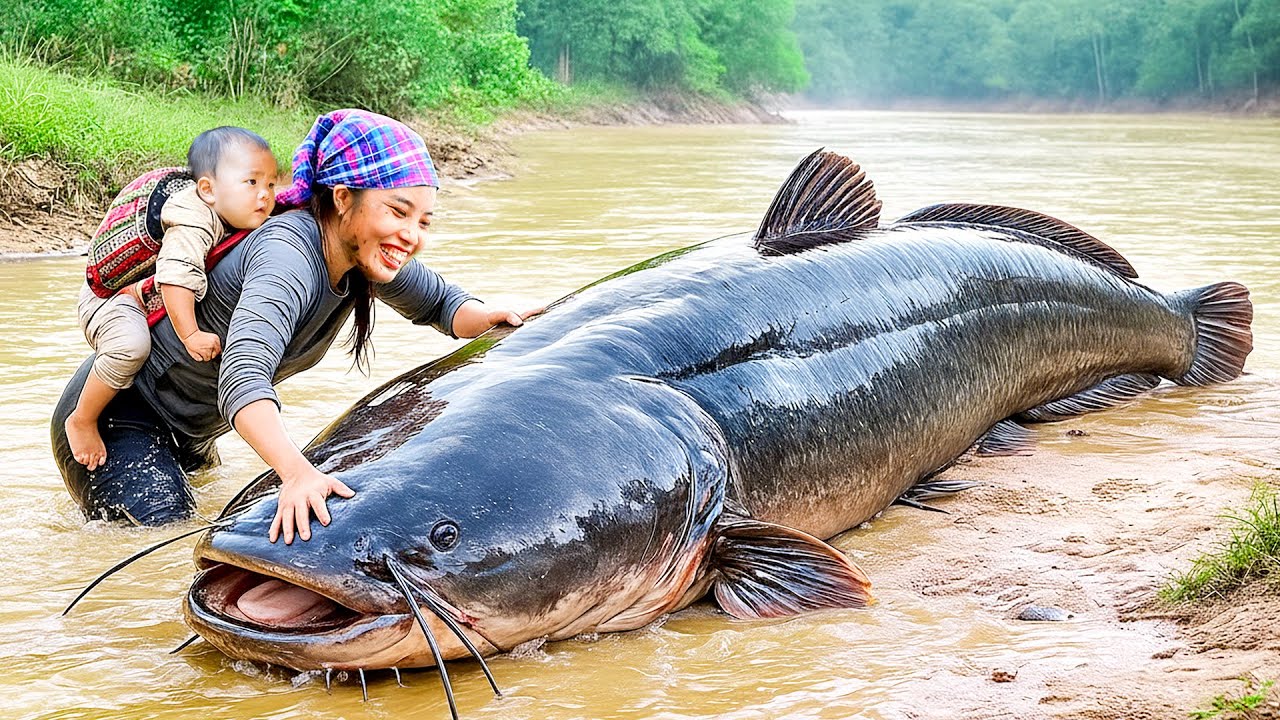 Harvesting Giant Monster Catfish in the Mud to Sell at Market with Single Mom - Fishing Skill