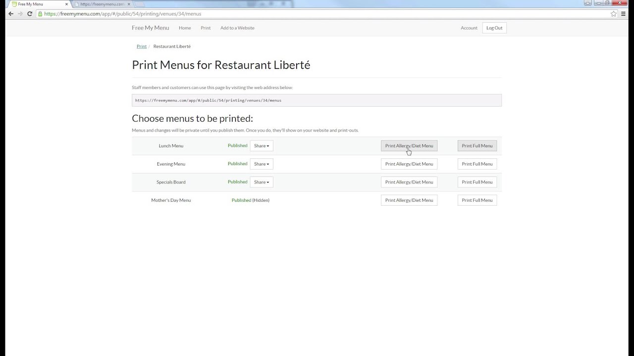 Free My Menu - Printing Menus and Personalisation