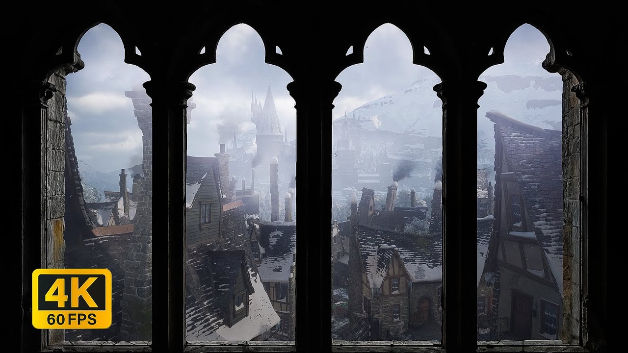 4K Hogsmeade Winter Window View - Cozy Snow Ambience, Hogwarts in the Distance -Study & Sleep Sounds