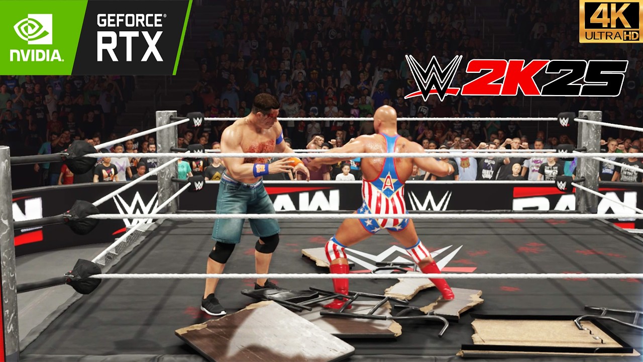 WWE 2K25 : Kurt Angle vs John Cena Goes Extreme! Iron Man Tables Match -  (4K60fps)