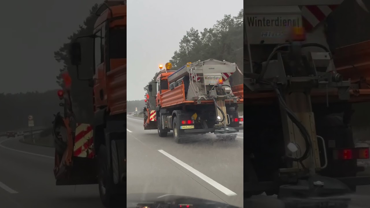 Winter services vehicle spreading salt in Autobahn , Germany 🇩🇪