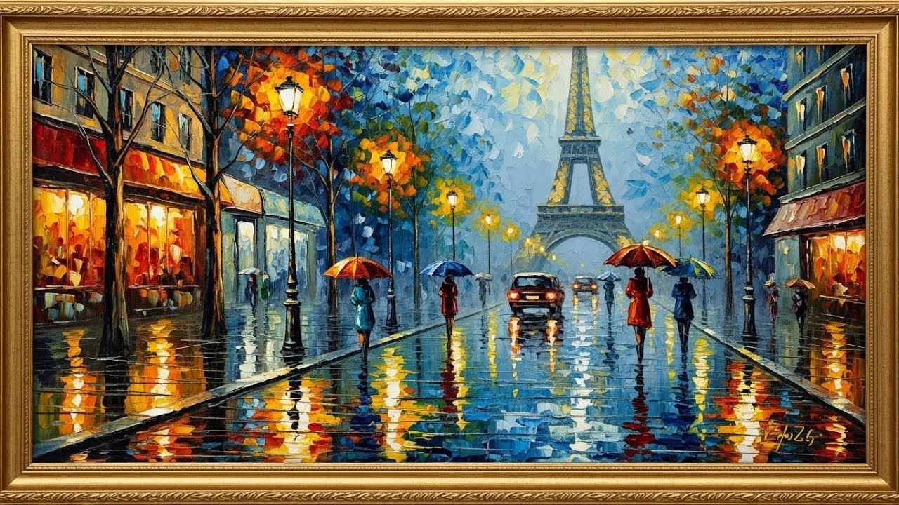 Frame TV Art with Music: Rainy Evening in Paris | 4K Frame TV Art | Textured Cityscape Oil Painting