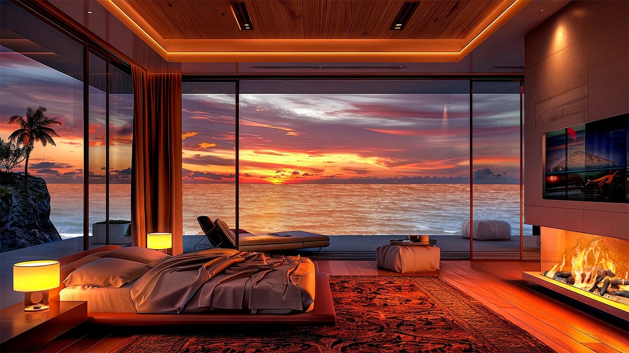 Warm Jazz PIano in Romantic Bedroom by the Seaside 🎹 Relaxing Sounds of Waves & Fireplace Glow