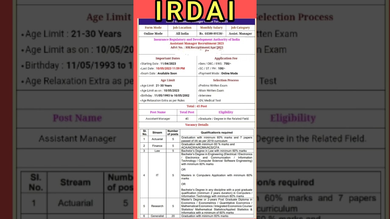 IRDAI New requirements 2023 || IRDAI New vacancy 2023 || Latest Govt job update #job