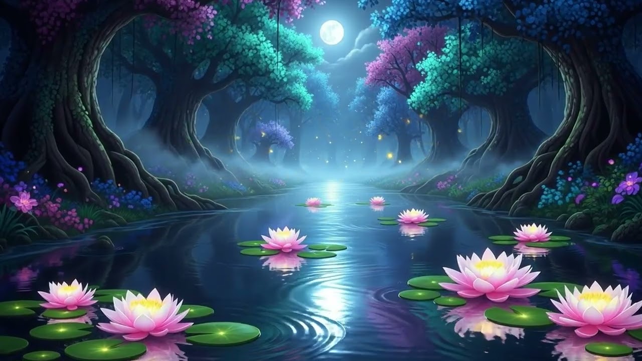Moonlit Lotus Lake 🌸  Peaceful Night Forest Ambience with Water Sounds & Fireflies for Relaxation