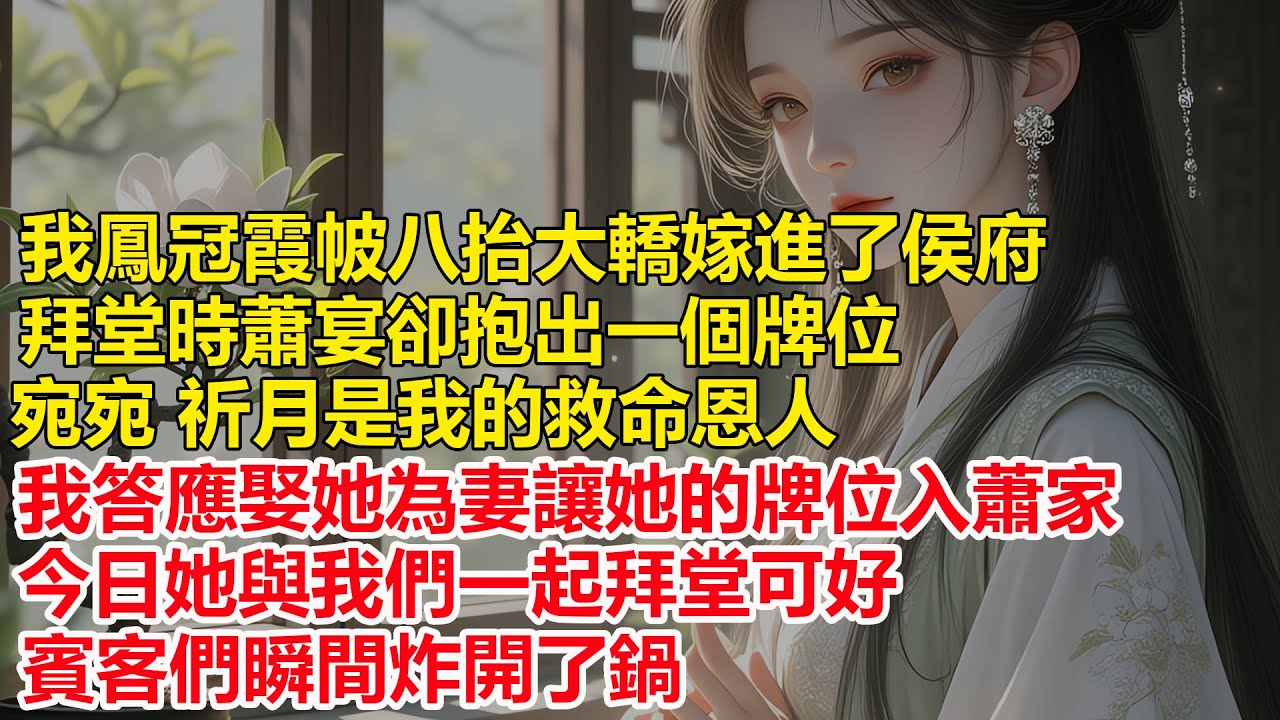 我鳳冠霞帔八抬大轎嫁進了侯府，拜堂時蕭宴卻抱出一個牌位，宛宛，祈月是我的救命恩人，我答應娶她為妻讓她的牌位入蕭家，今日她與我們一起拜堂可好....