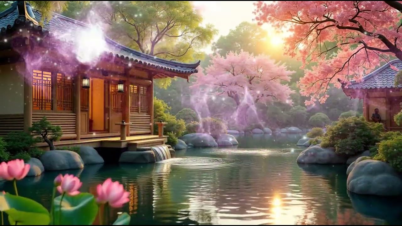 Tranquil Japanese Garden at Sunset | Cherry Blossoms, Waterfall & Zen House Ambience