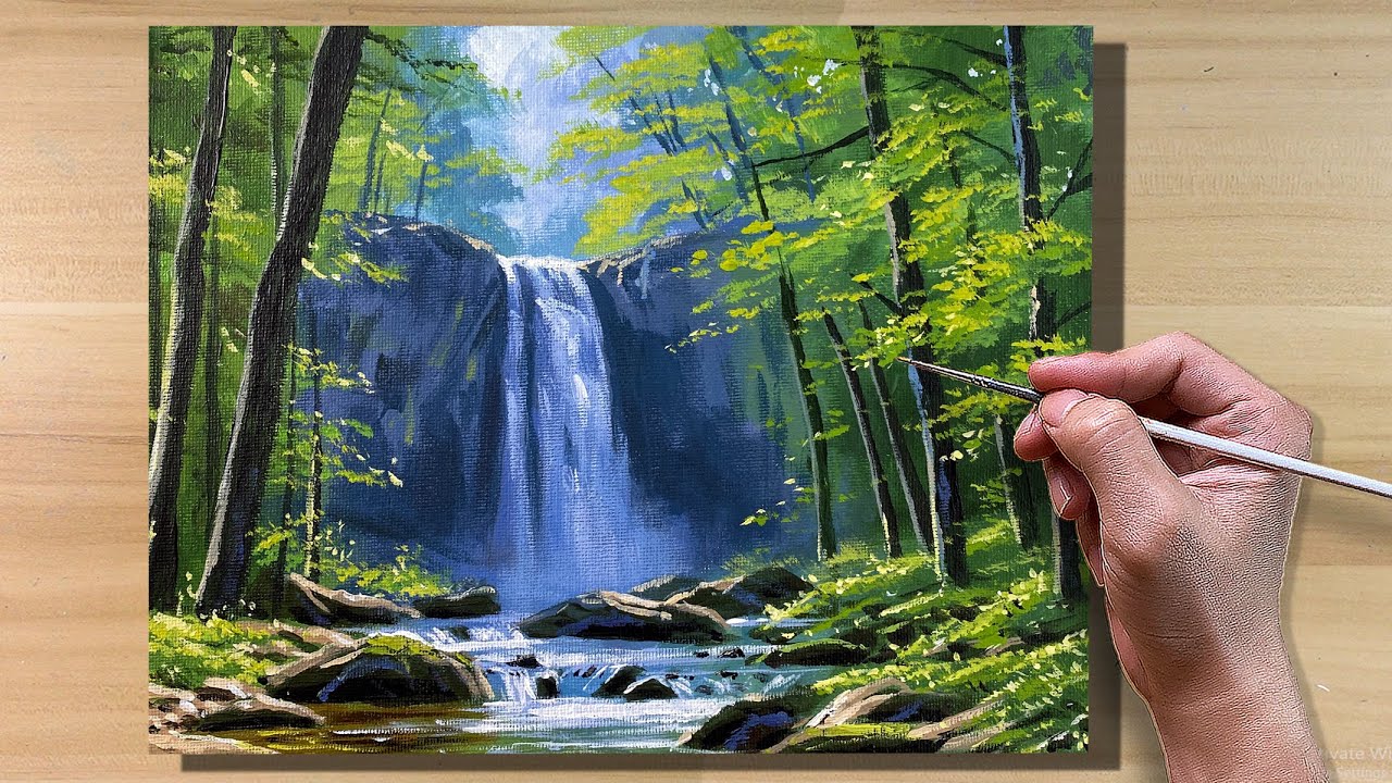 Acrylic Painting Forest Waterfall Landscape / Correa Art