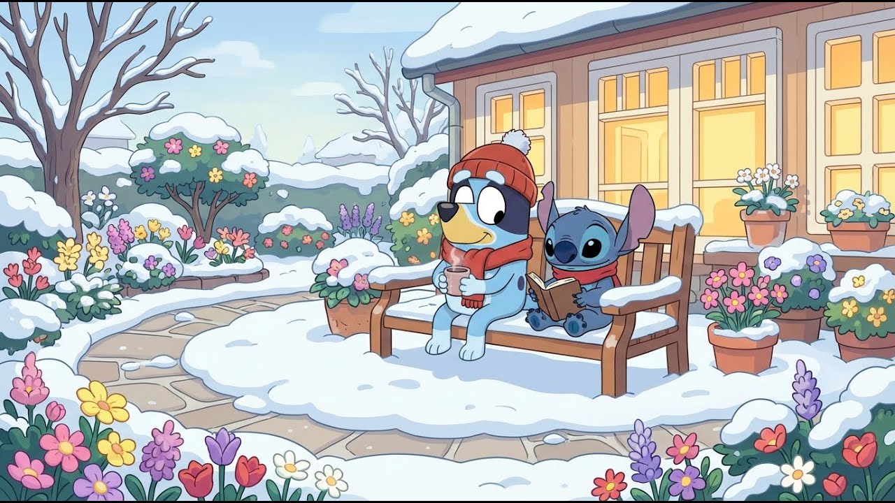 Stitch & Bluey Snowy Winter Garden Study ❄️📚 Warm Coffee Lofi Beats to Study ☕ Soft Winter Focus