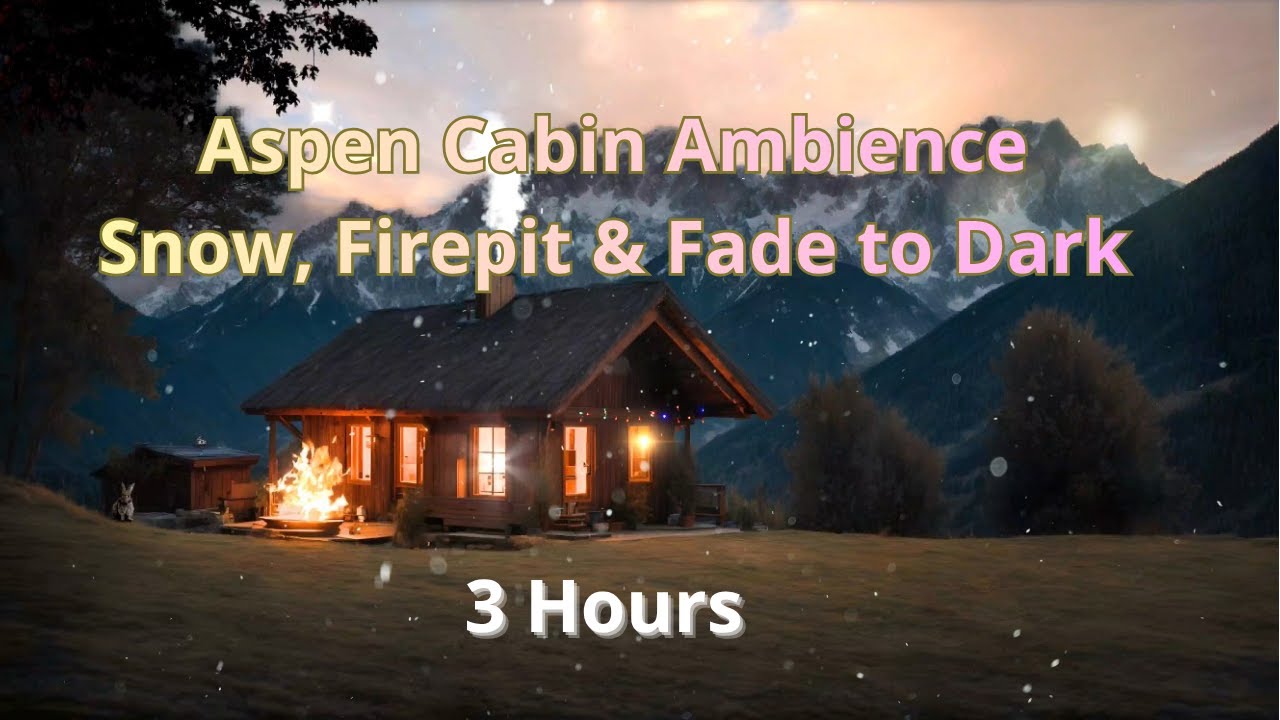 3 Hours Aspen Cabin Ambience – Falling Snow, Firepit & Gentle Wind (Fade to Dark with Crickets)