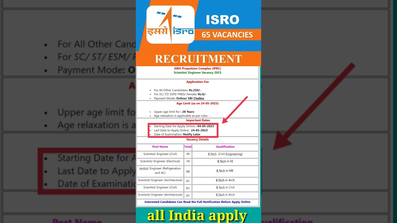 ISRO Recruitment 2023 &ndash; Apply Online for 65 Scientist/ Engineer Posts#shorts #viral #latest #new 👍👍