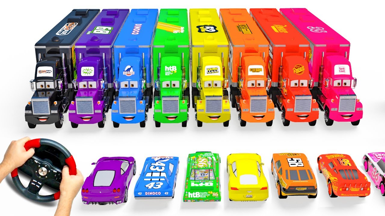 Crazy ride a lot of Cars: Mack Trucks Lightning McQueen Chick Hicks King Dinoco 43 + many other cars