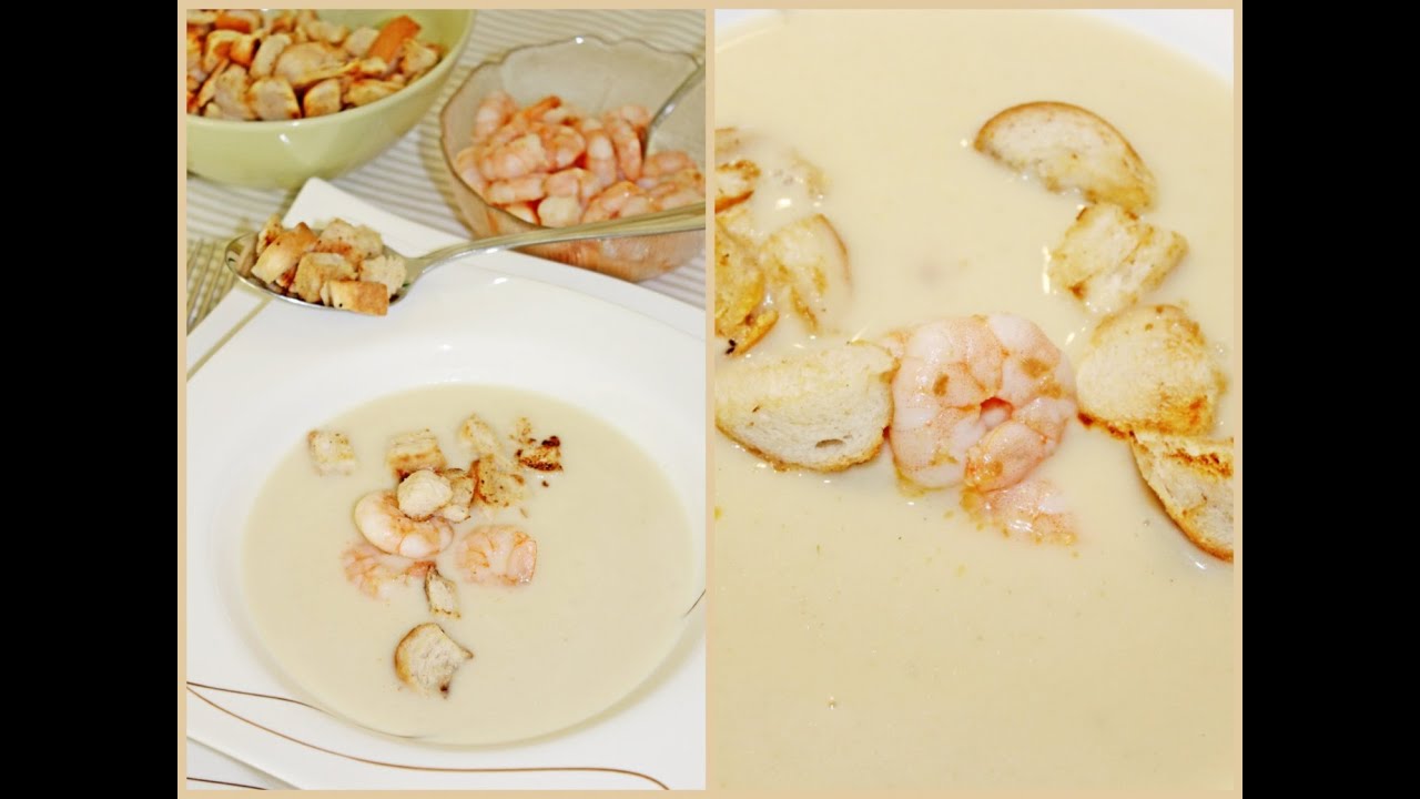 Knoblauchcremesuppe mit Shrimps und Croutons