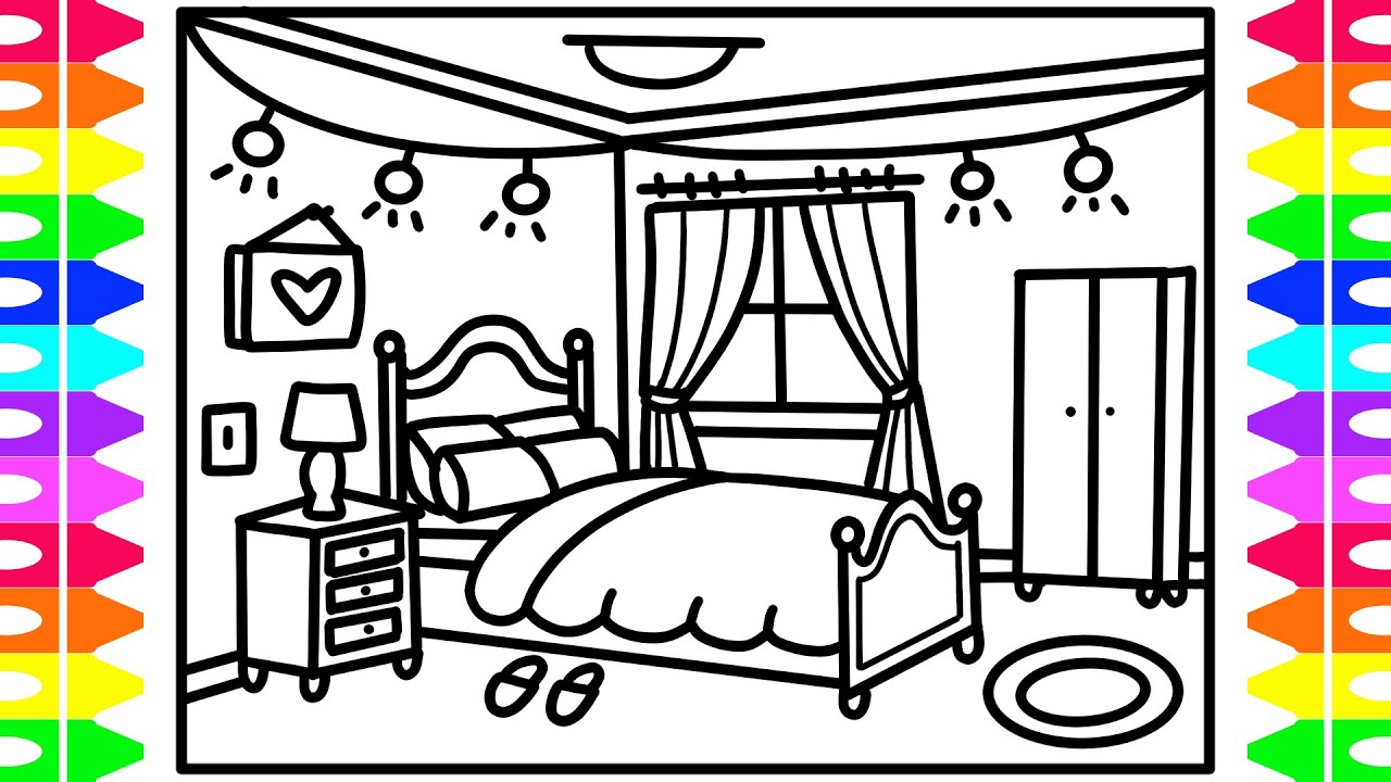 How to Draw a Beautiful Bedroom Step by Step for Kids ✨🩷🛏️💜✨Bedroom House Drawing and Coloring Pages