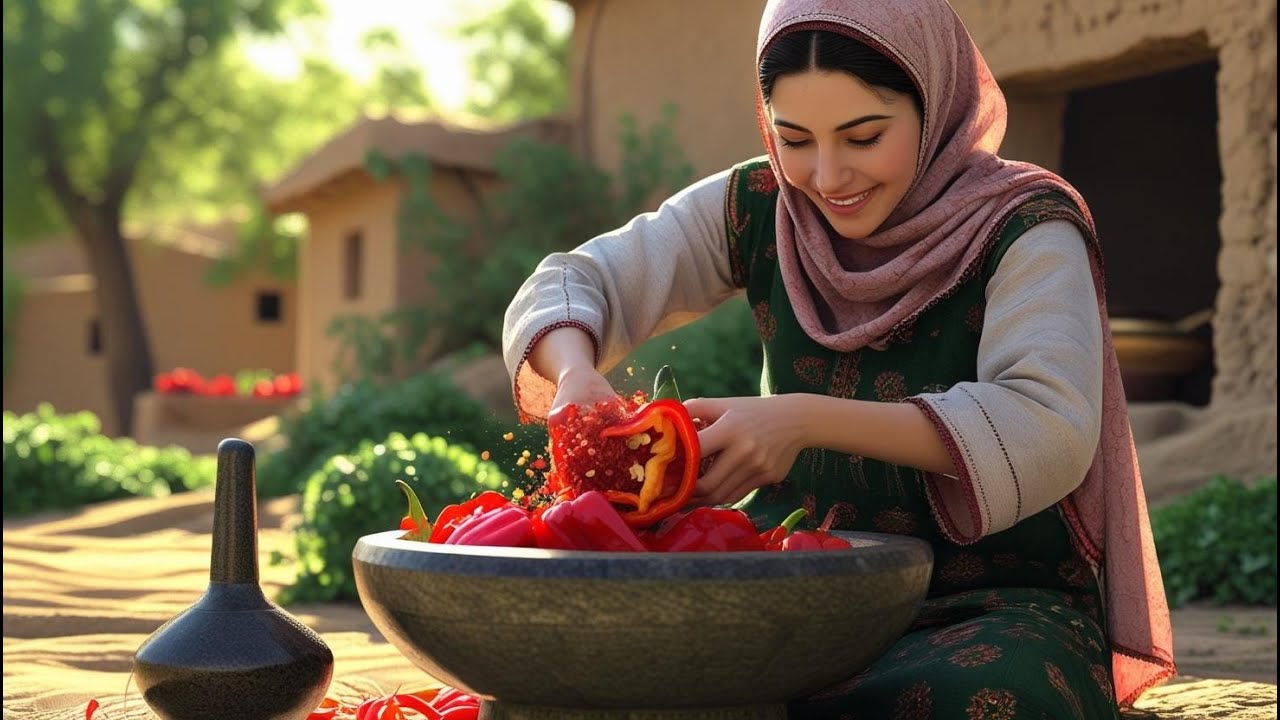 Hardworking Village Girl: Grinding Onions and Bell Peppers the Iranian Way