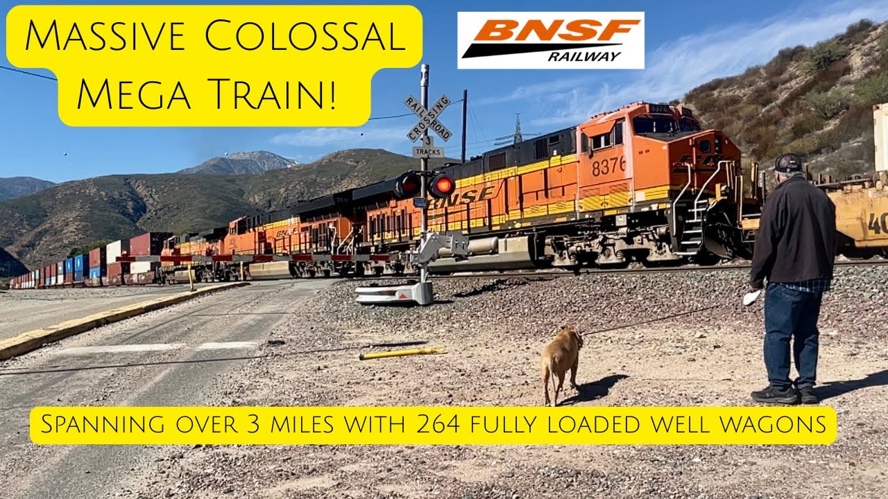 Massive Colossal Mega Train! Spanning over 3 miles with 264 fully loaded well wagons, at Blue Cut!