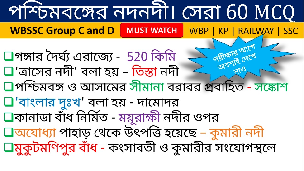 পশ্চিমবঙ্গের নদনদী। Rivers of West Bengal। WBSSC group C and D। Wbp। Kp