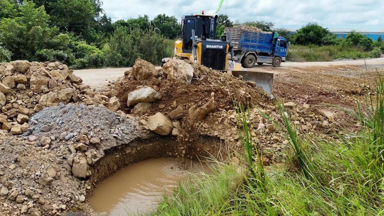 Massive Land Reclamation Project | Bulldozer Pushing Stone & Mixed Soil ft Dump Truck Unloading