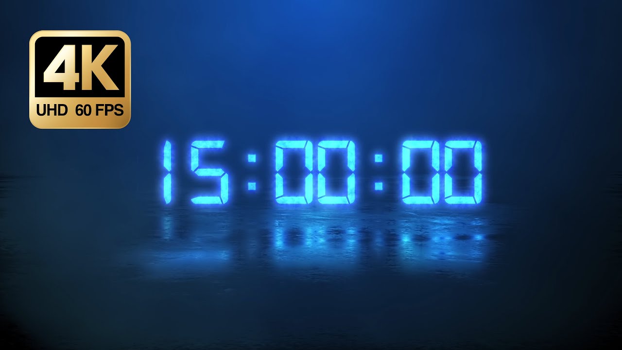 15 Minute Countdown Timer 4K • Blue Digital Clock • Calm Focus Background (No Music)