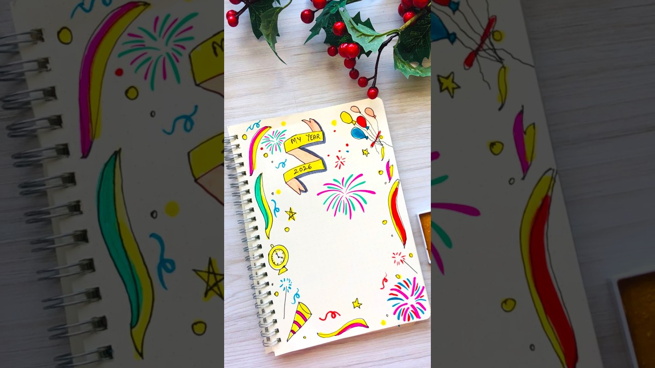 Aesthetic New Year 2026 Notebook Cover | Easy Drawing 🎆 