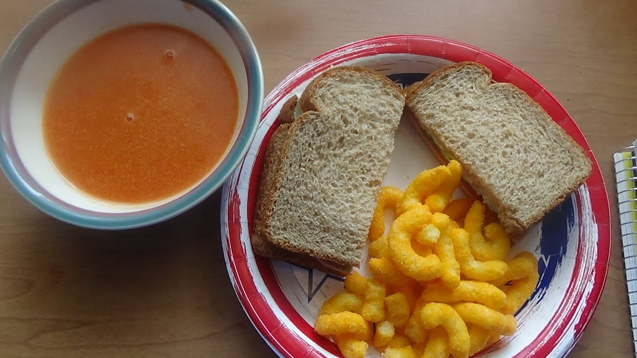 ASMR Eating Bologna Sandwich/With Cheese Puffs And Tomato Soup