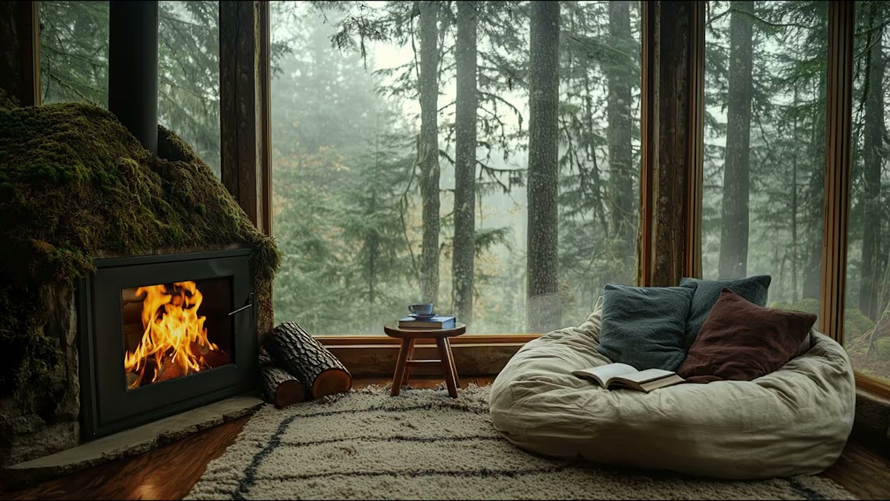 Cozy Treehouse Fireplace Ambience | Foggy Afternoon Reading Nook with Crackling Fire