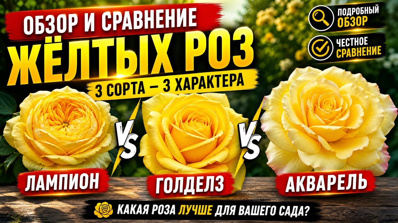 Сравнительный обзор жёлтых сортов роз Лампион, Голделз и Акварель.