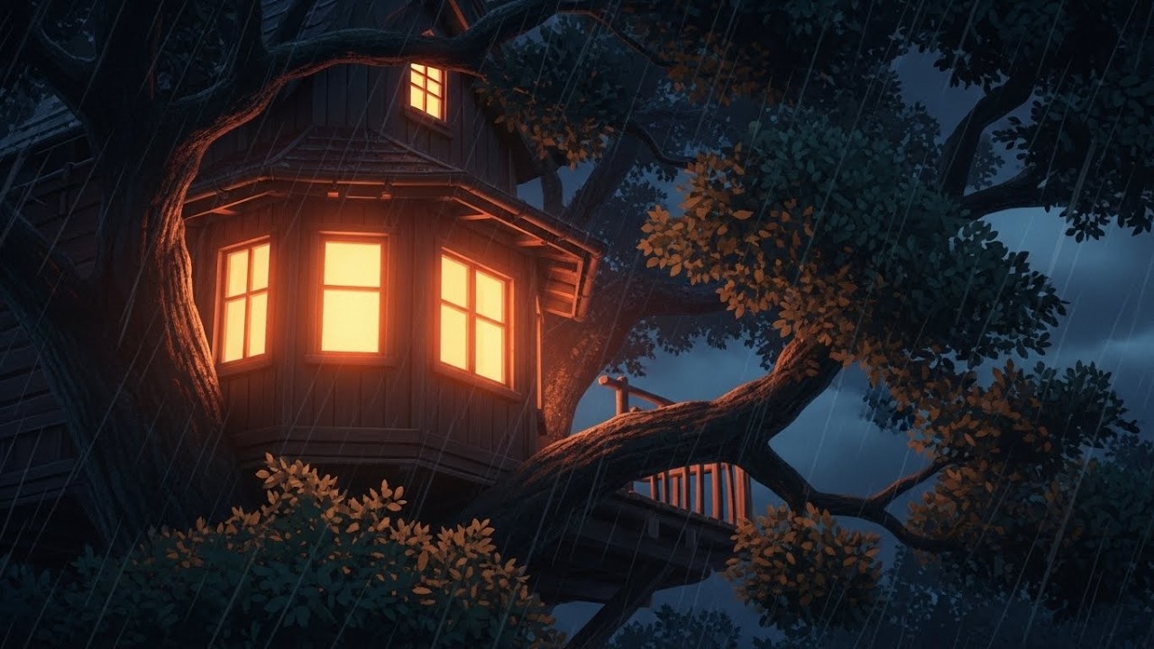 A Rainy Day in a Tree House 🌧️ Cooking Noodles & Rescuing a Stray Cat | Ghibli Style ASMR
